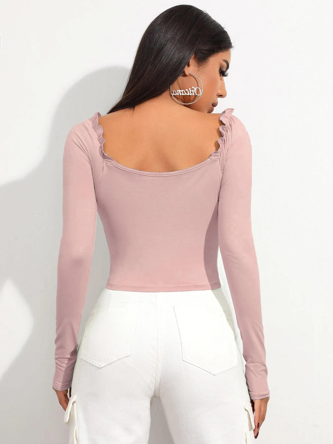 Shasmi Peach Frill Trim Ruched Crop Top for Women - Image 2