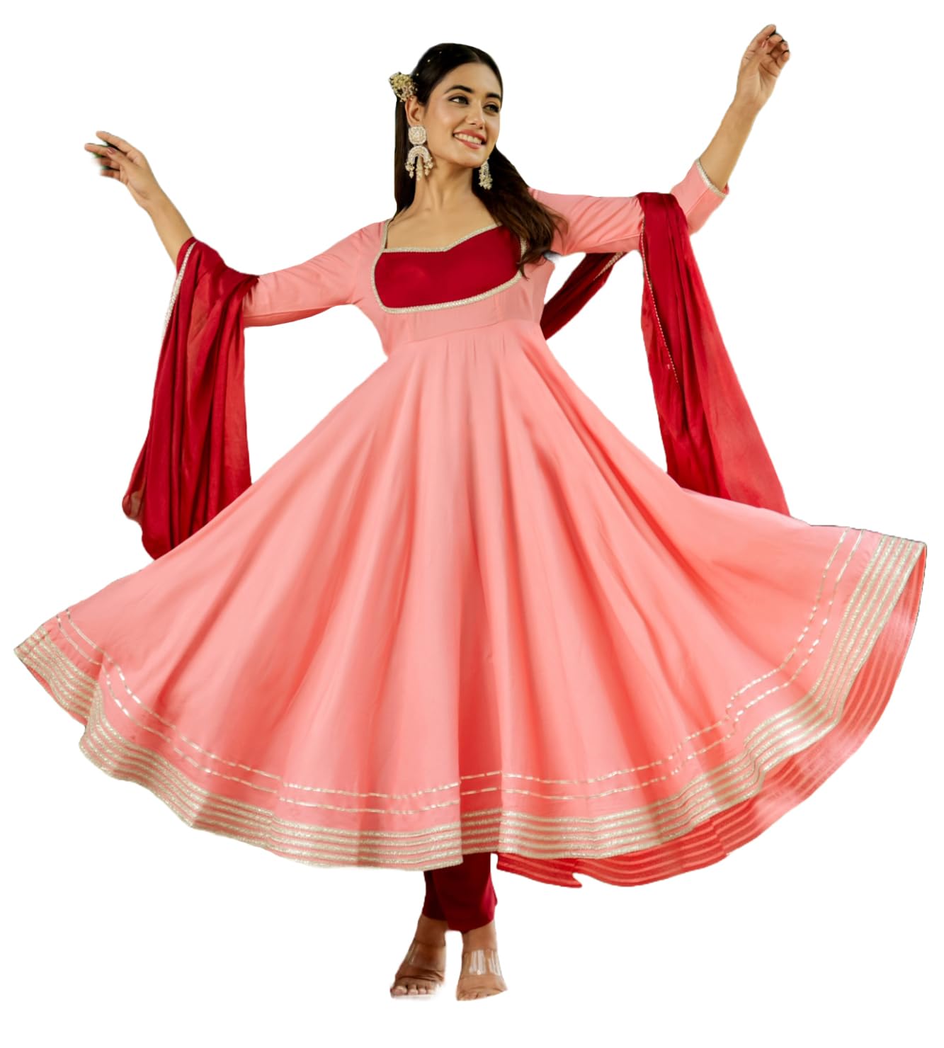 GoSriKi Women's Anarkali Kurta with Pant & Dupatta - Peach