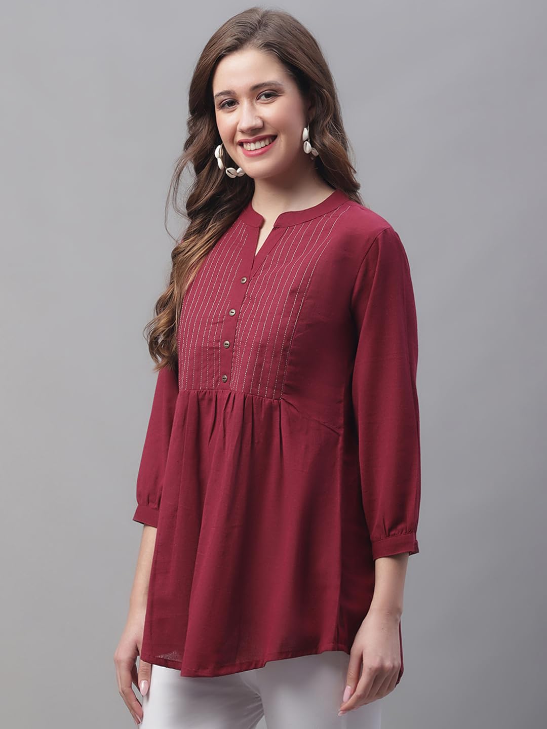 Pistaa Women's Cotton Embroidered Kurti - Wine - Image 2