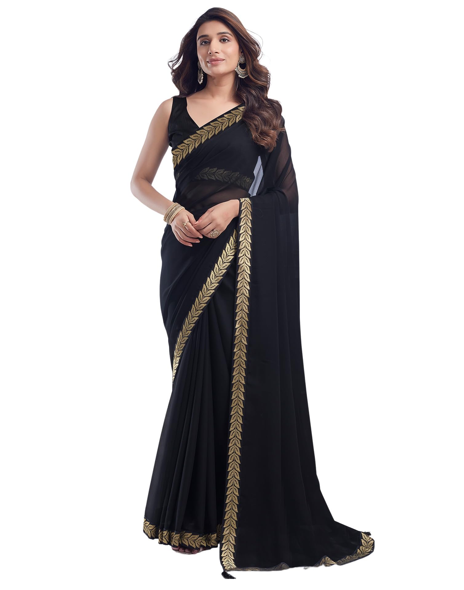 SIRIL Black Georgette Lace Saree for Women