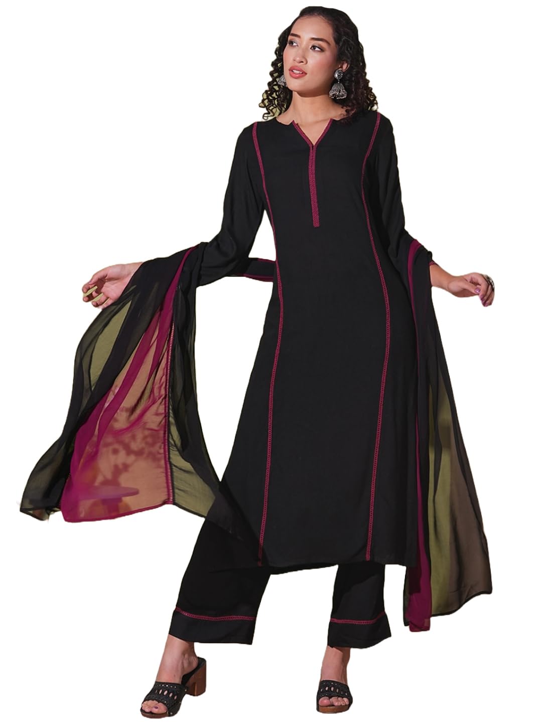 GoSriKi Women's Rayon Viscose Kurta with Pant & Dupatta - Black