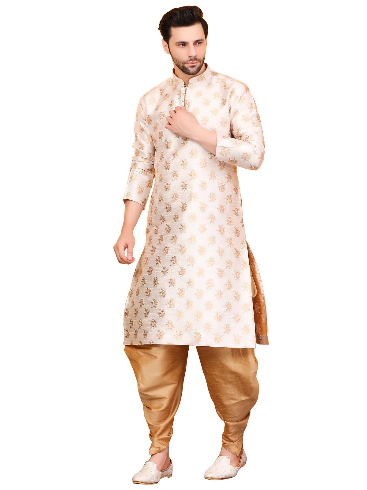 Over Crowd Men Floral Kurta Salwar Set - Cream Gold - Image 3