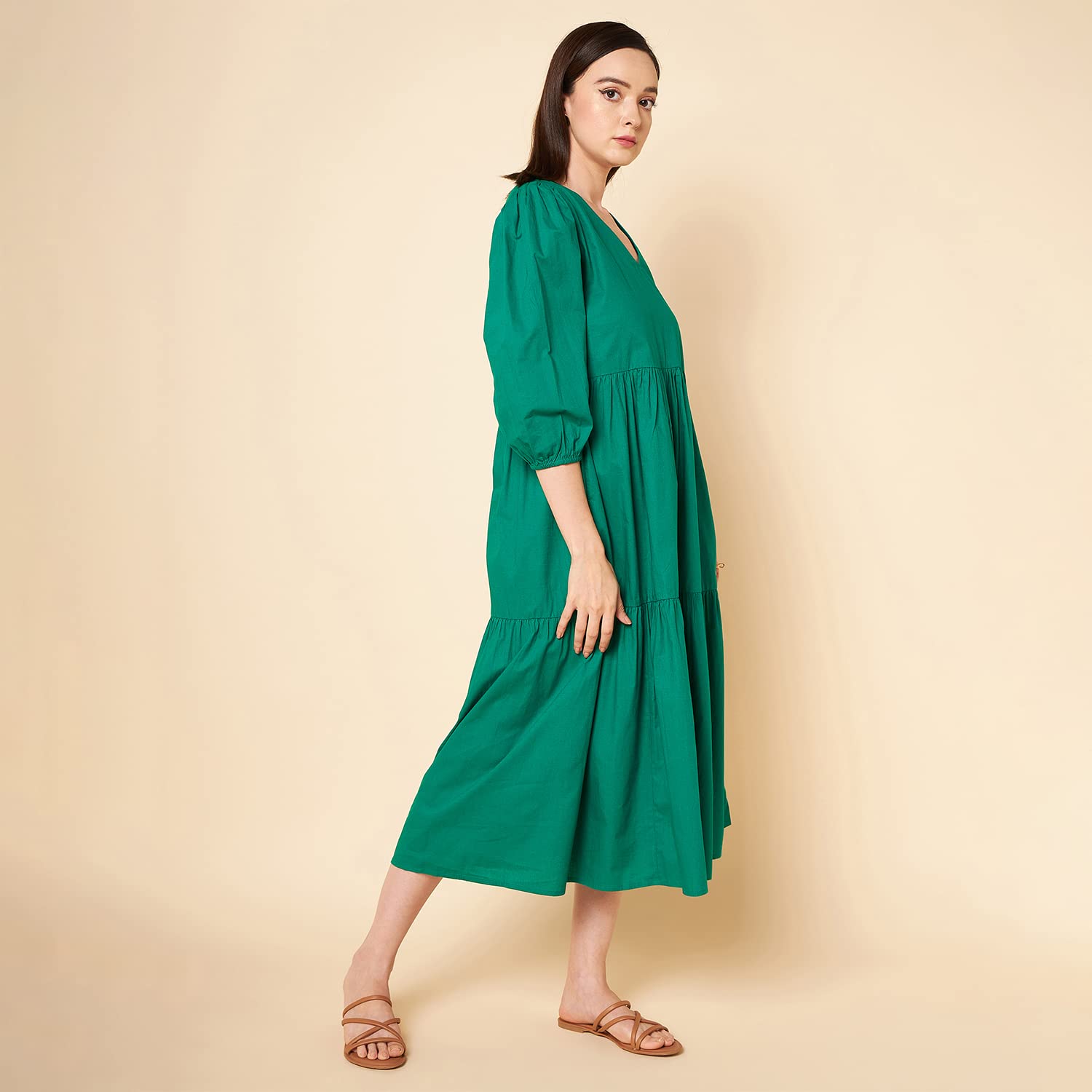 Green Cotton Pleated Maxi Dress for Women - Image 4