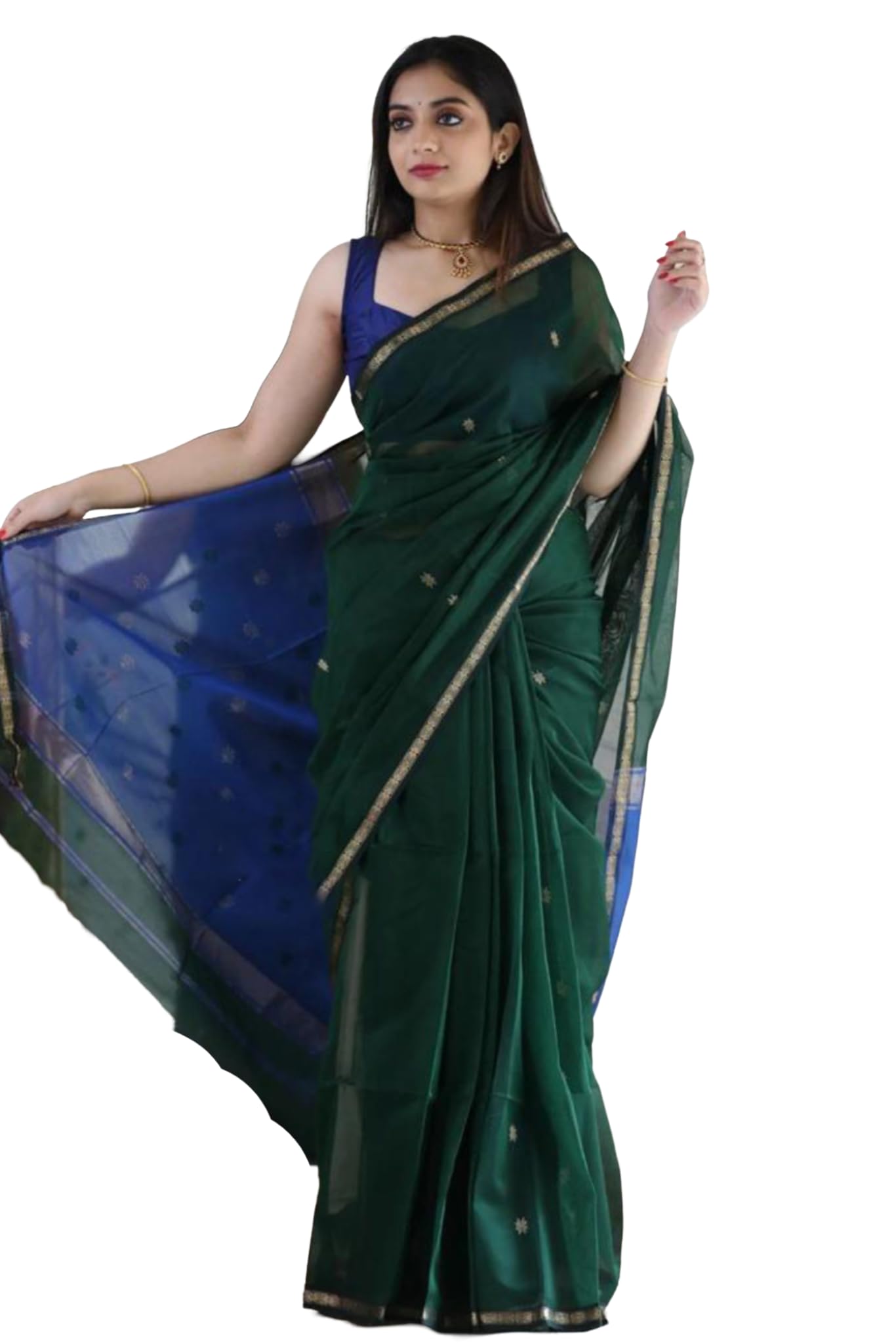 GarbGlide Women's Banarasi Cotton Silk Saree with Gold Zari Border