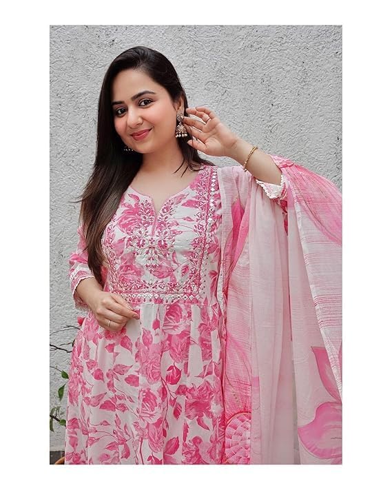 Kurti Pant Dupatta Set for Women - Pink Floral - Image 4
