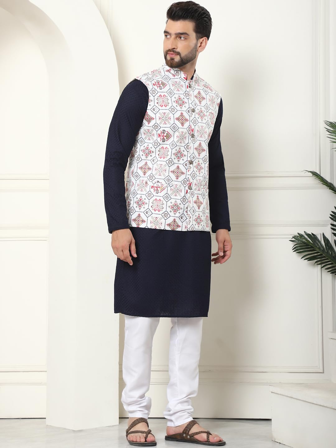 SOJANYA Men's Navy Kurta Pyjama Set with Cream Nehru Jacket - Image 3
