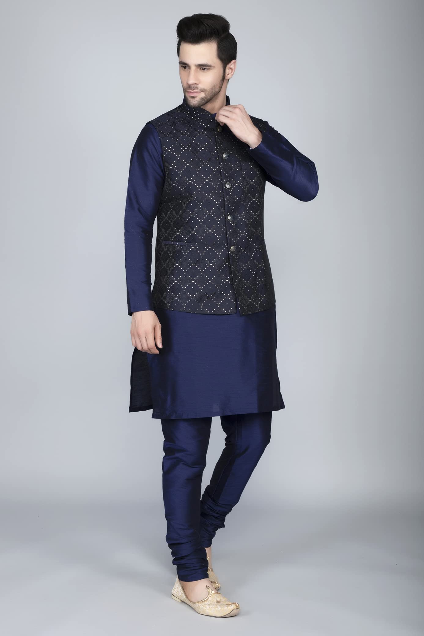 Ethluxis Men Silk Blend Kurta Pyjama Set - Navy - Image 3