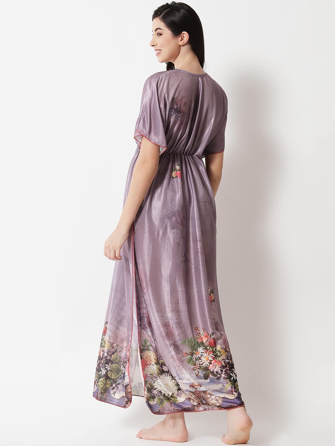 G4Girl Satin Silk Geometric Print Maxi Kaftan Nighty - Grey - Image 2