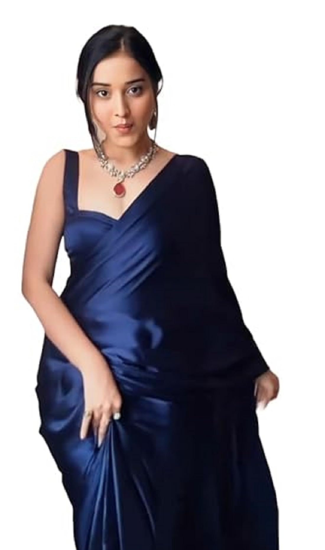 SHOPAZ Navy Blue Satin Silk Saree for Women