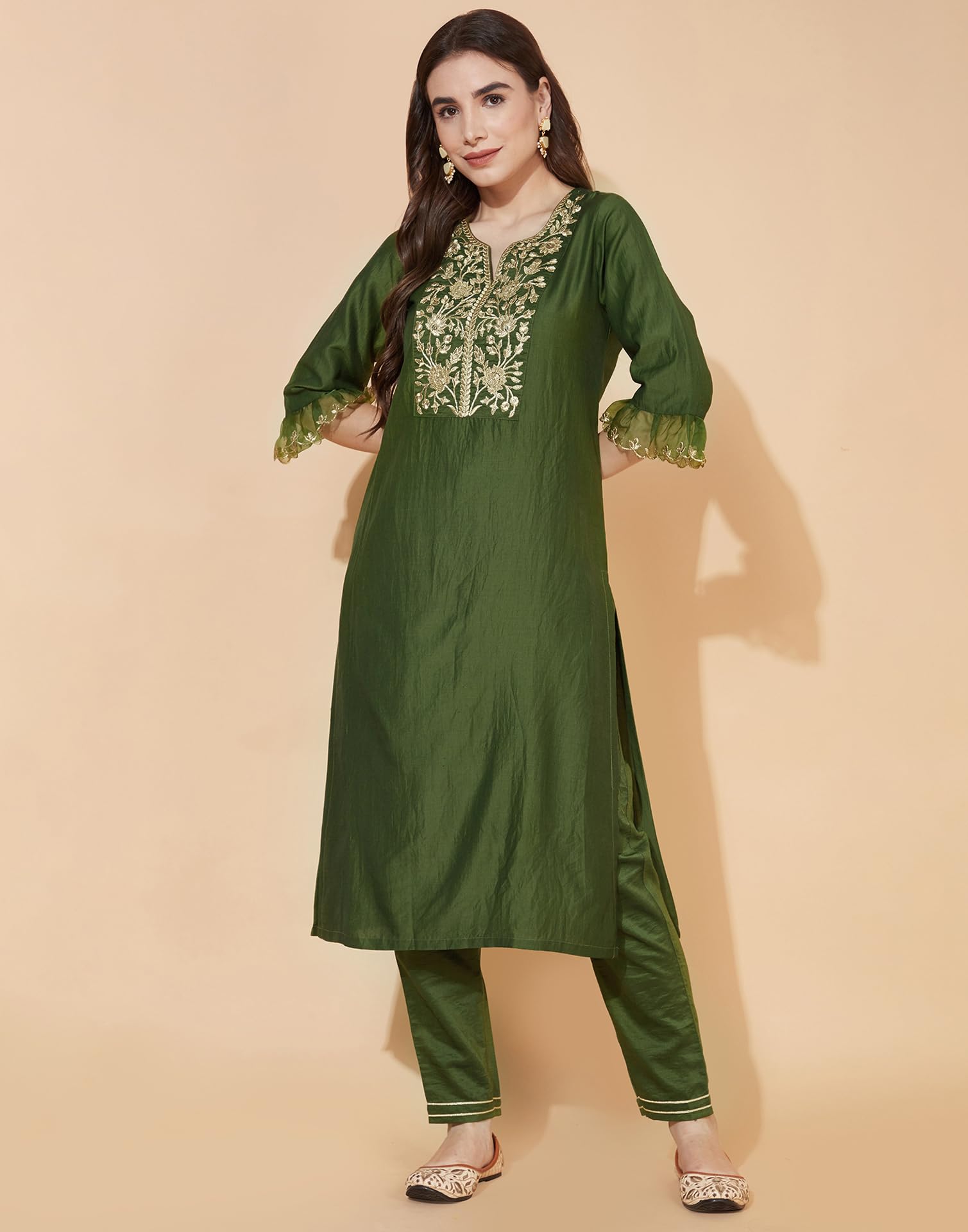SIRIL Women's Rayon Viscose Embroidery Kurta Pant Set - Green - Image 4