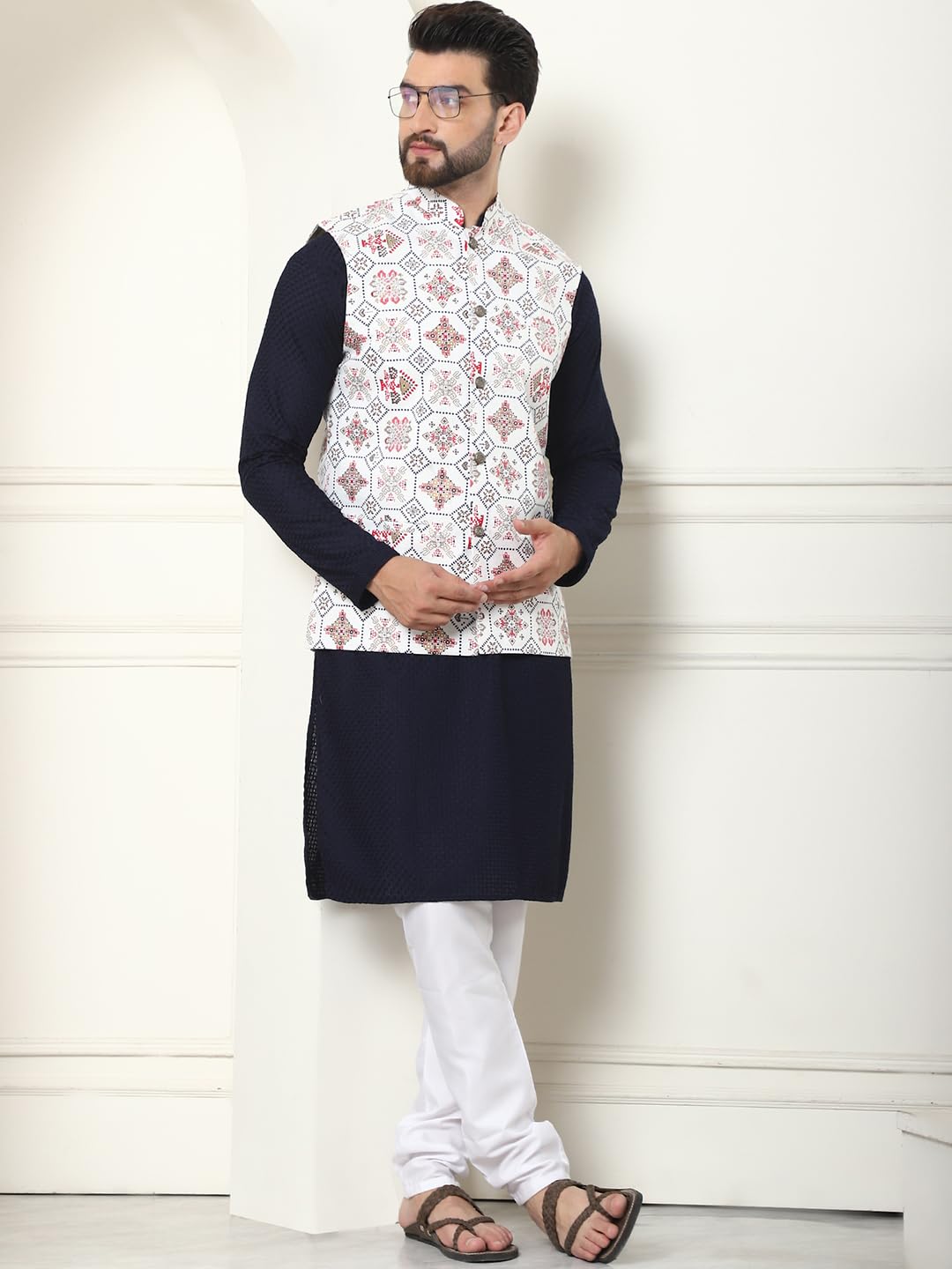SOJANYA Men's Navy Kurta Pyjama Set with Cream Nehru Jacket - Image 2