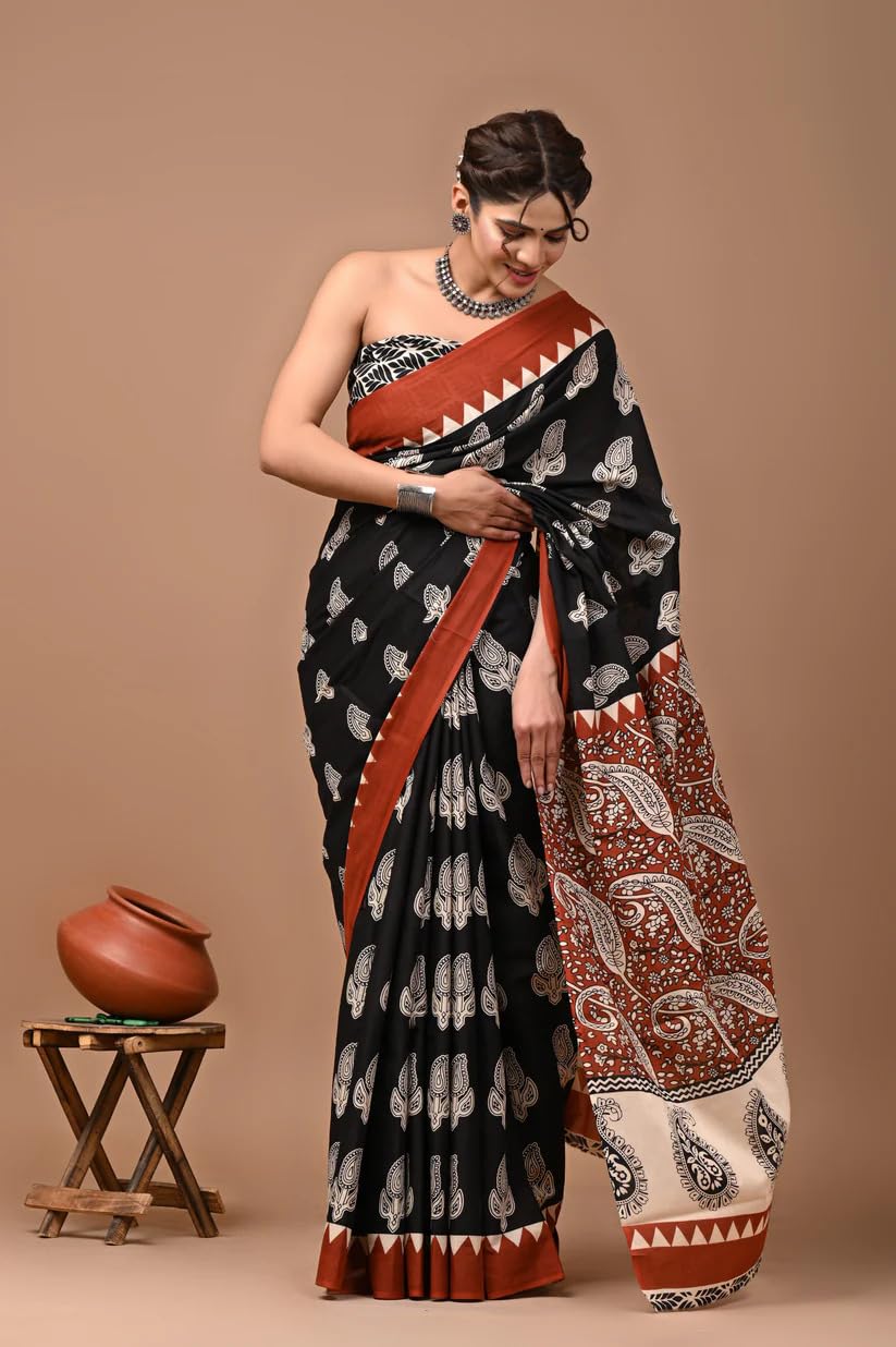 Crafts Moda Women's Pure Cotton Saree - Black, Brown - Image 2
