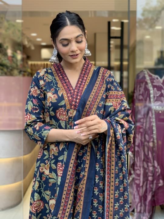 Nermosa Women Printed A-Line Kurta Set - Blue - Image 4