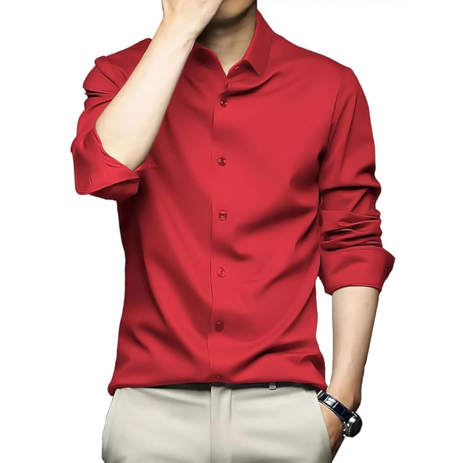 DEELMO Men Satin Casual Shirt - Red