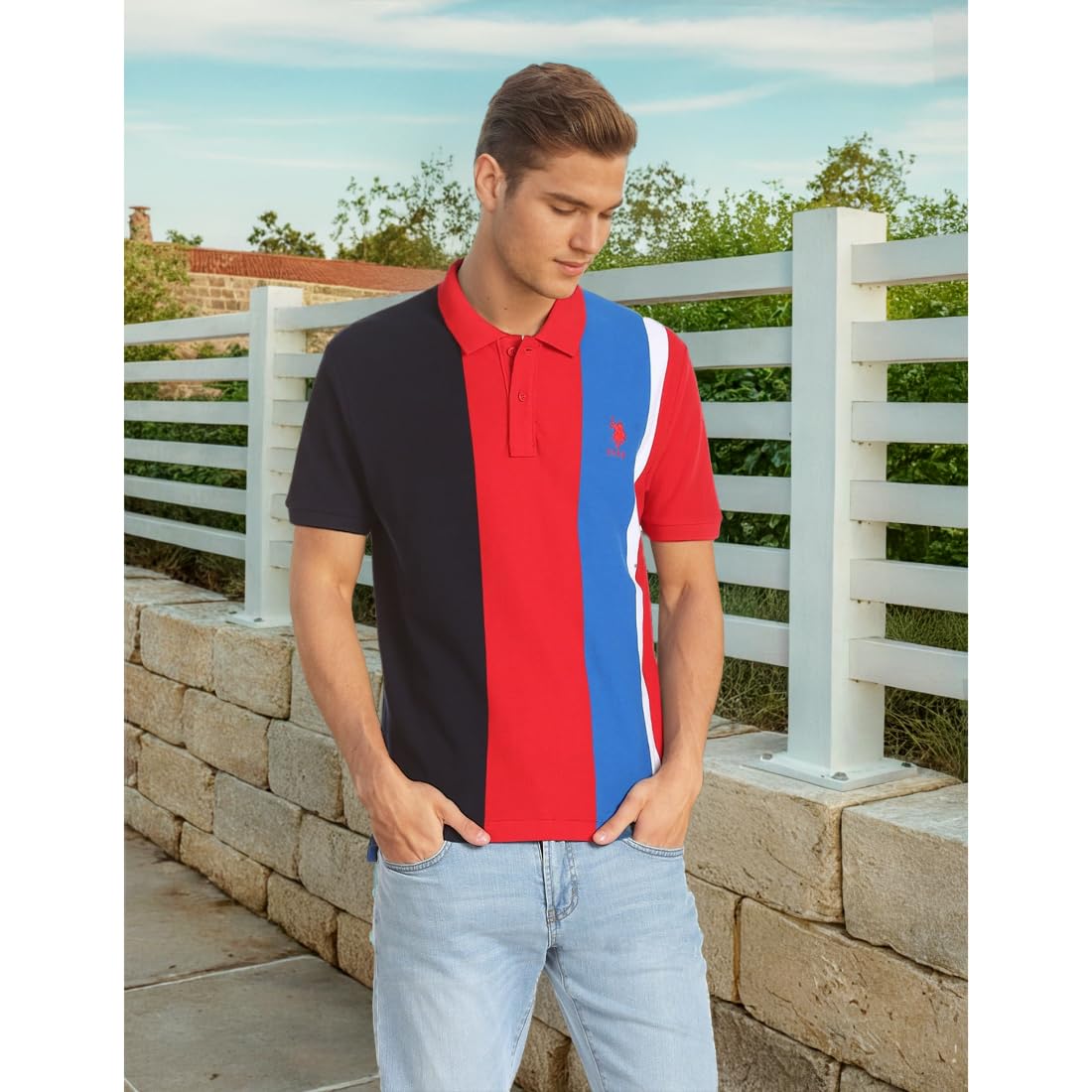 U.S. Polo Assn Men's Polo Shirt - Colour Block Cotton Red - Image 2