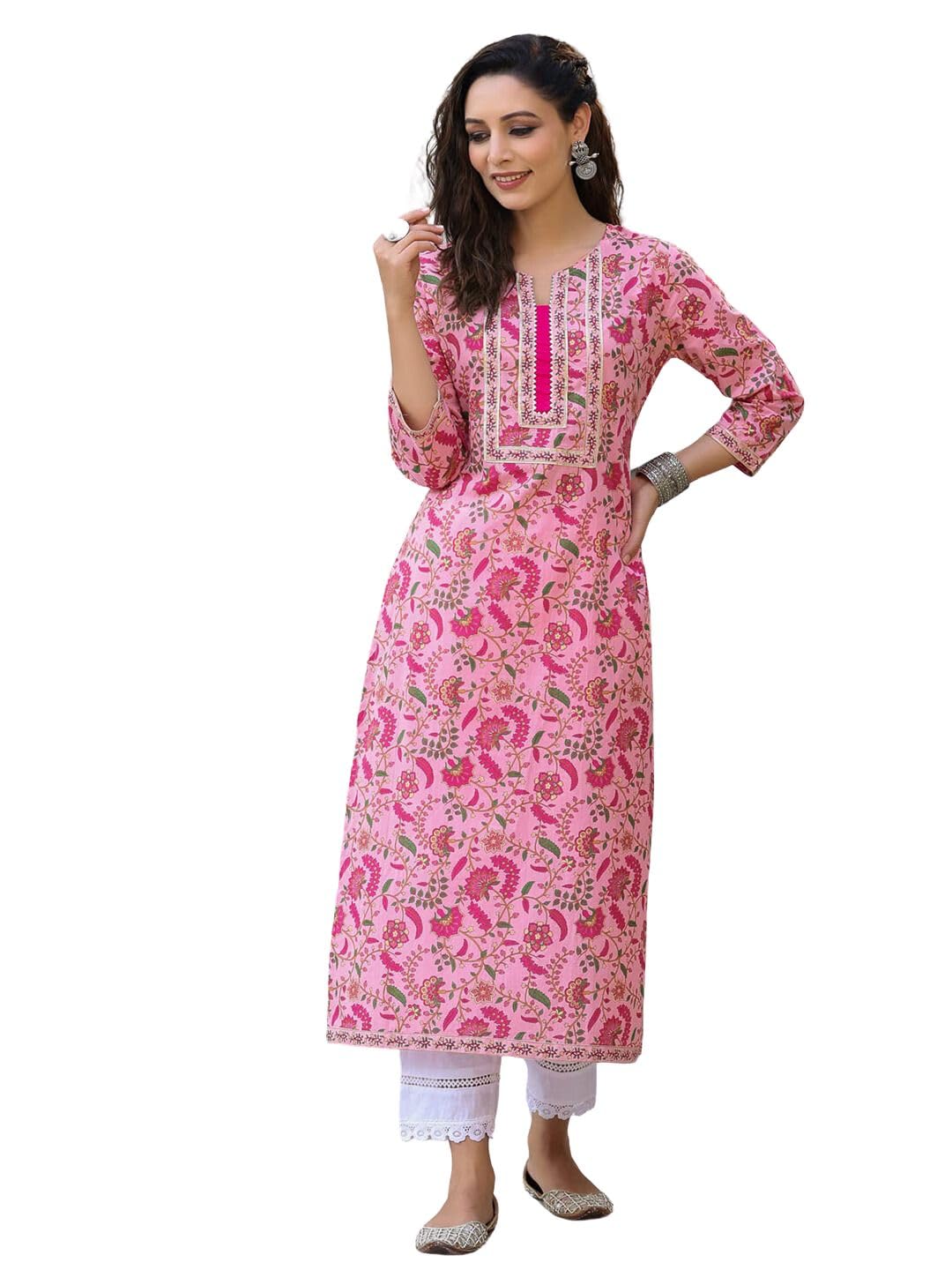 rytras Women's Cotton Printed Kurta - Pink