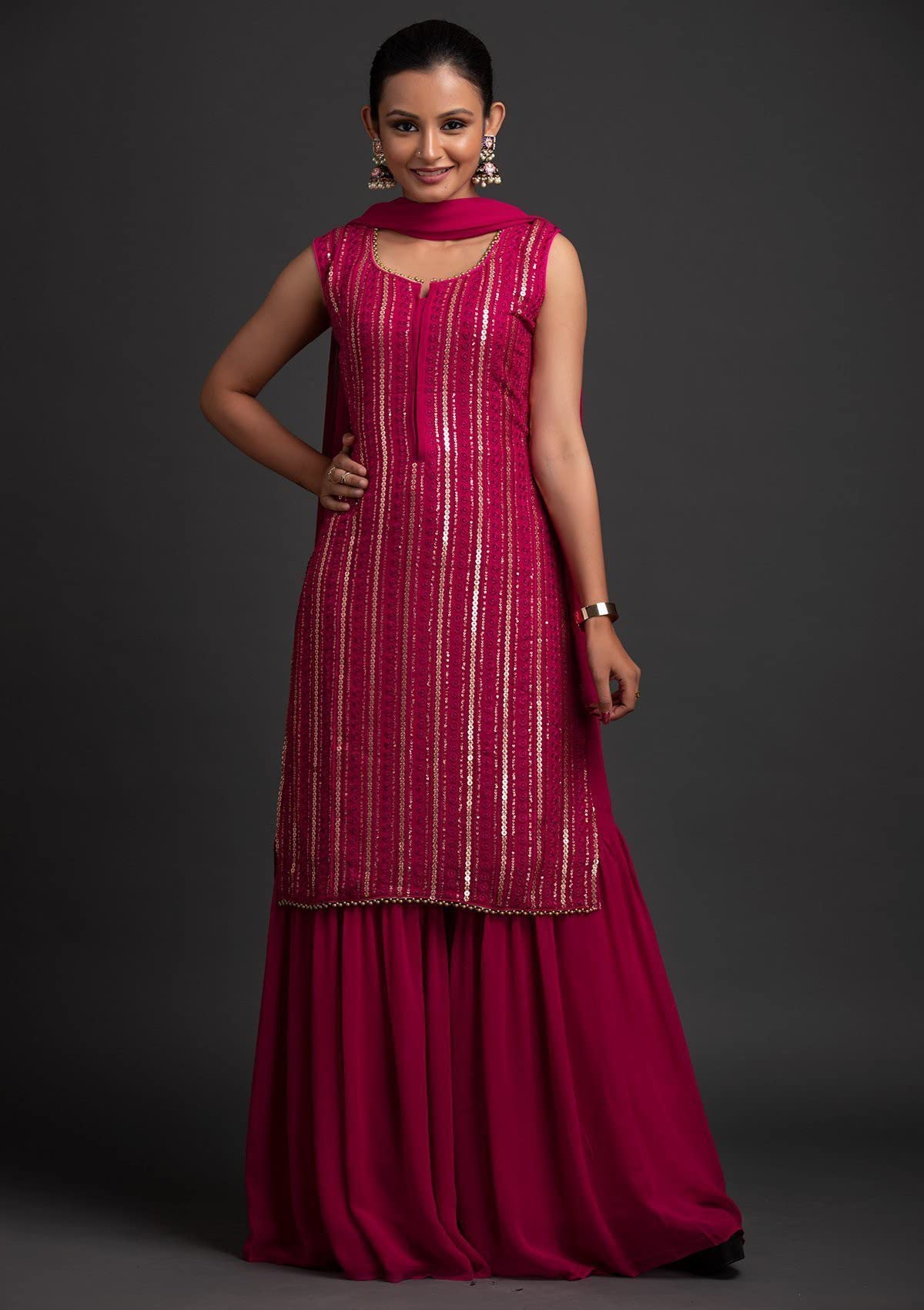 Pink Georgette Kurti Sharara Set for Women - Image 4
