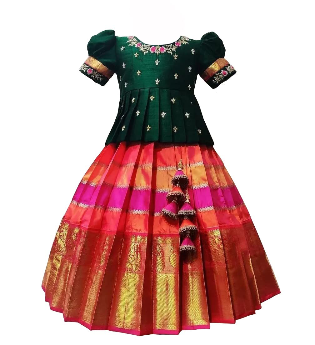 GarbGlide South Indian Pattu Pavadai Lehenga Choli for Girls - Green