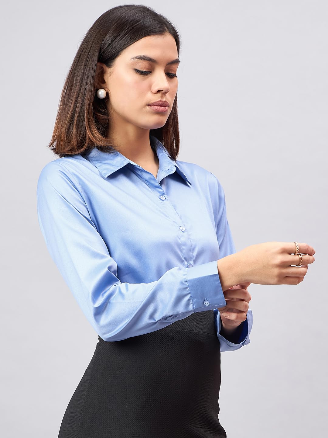 Style Quotient Women Blue Satin Formal Shirt - Image 3