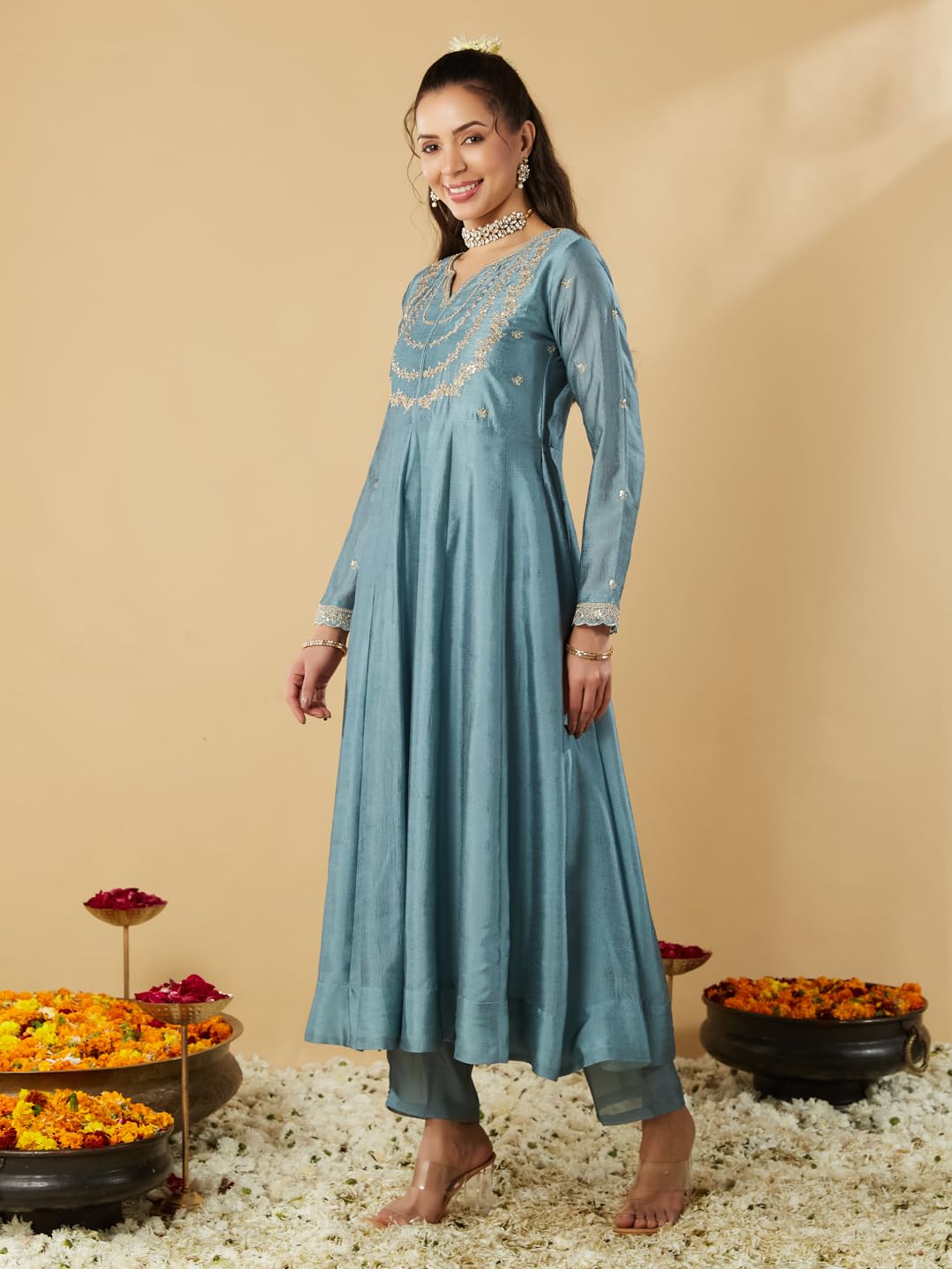 MOKOSH Women's Silk Embroidered Teal Blue Kurta Set - Image 4