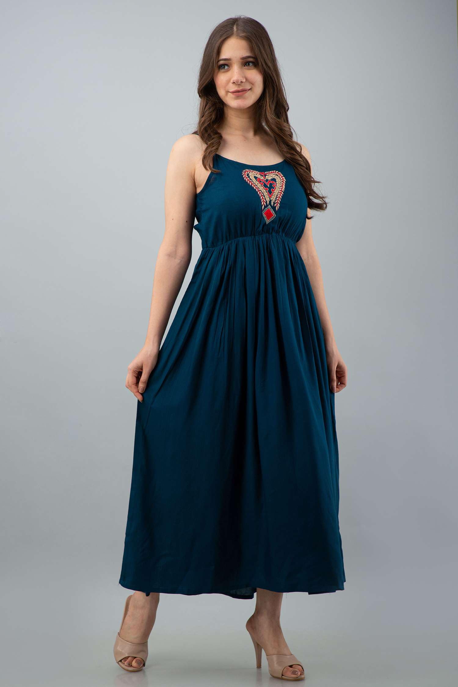 GarbGlide Women's Rayon Embroidered Anarkali Dress - Royal Blue - Image 5