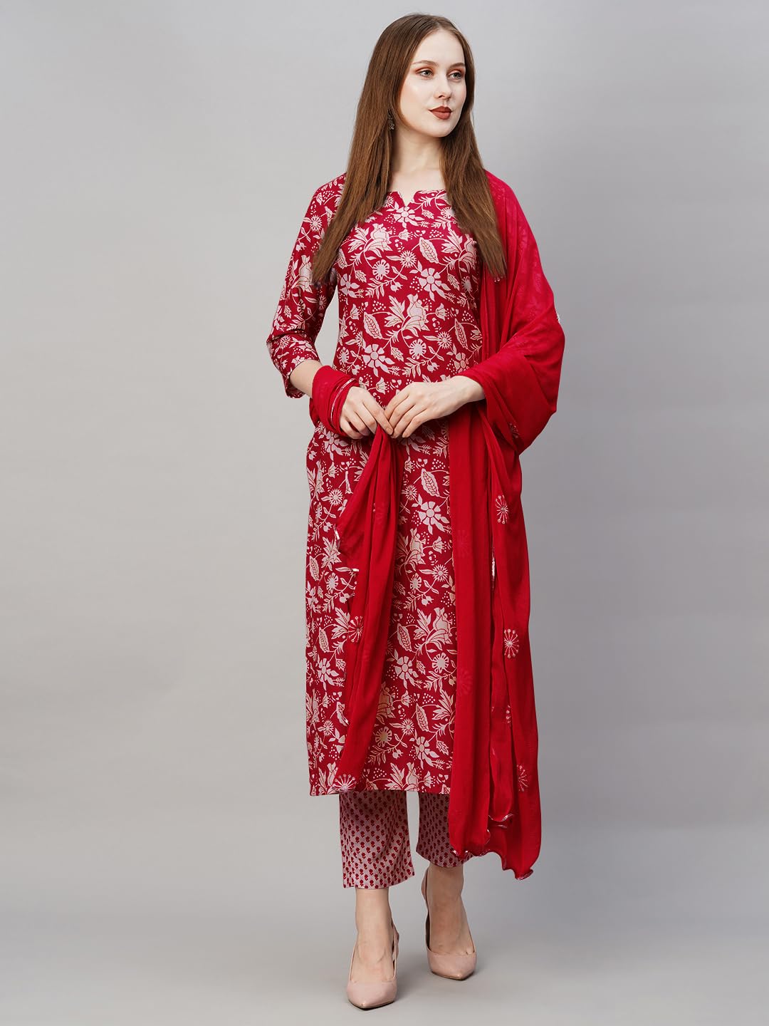 GoSriKi Women's Cotton Blend Kurta with Pant & Dupatta - Red - Image 4