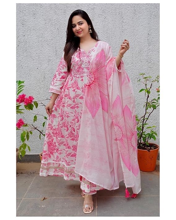 Kurti Pant Dupatta Set for Women - Pink Floral - Image 5