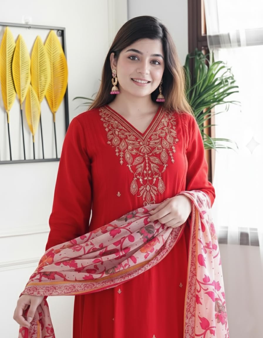 KLOSIA Red Embroidered Kurta Pant Set for Women - Image 2