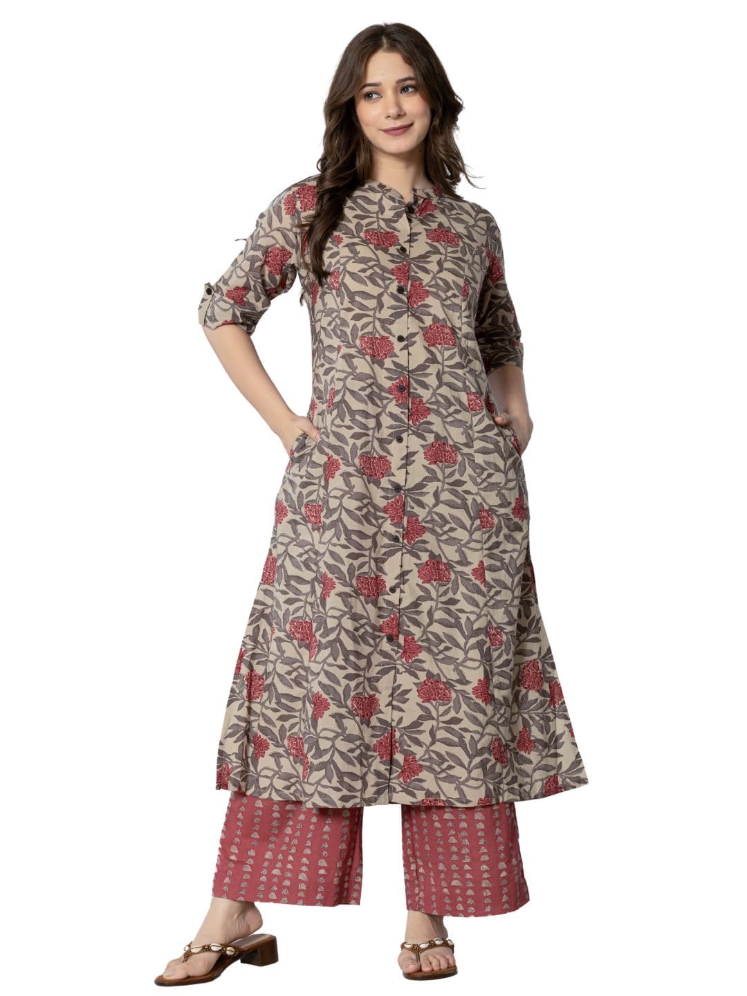 rytras Maroon Cotton Printed A-Line Kurta Set for Women