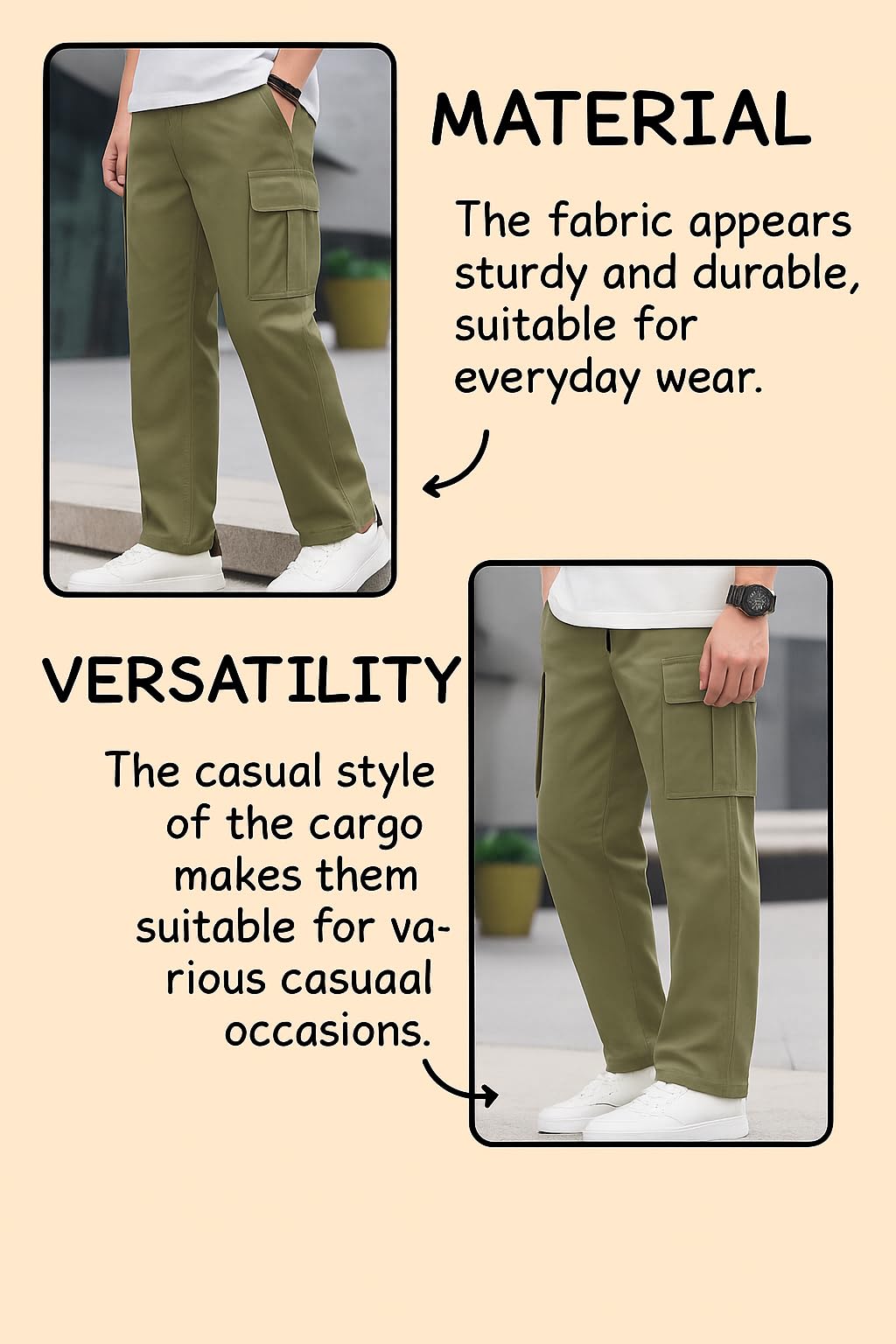 Lymio Men's Olive Green Cotton Cargo Pants - Image 5