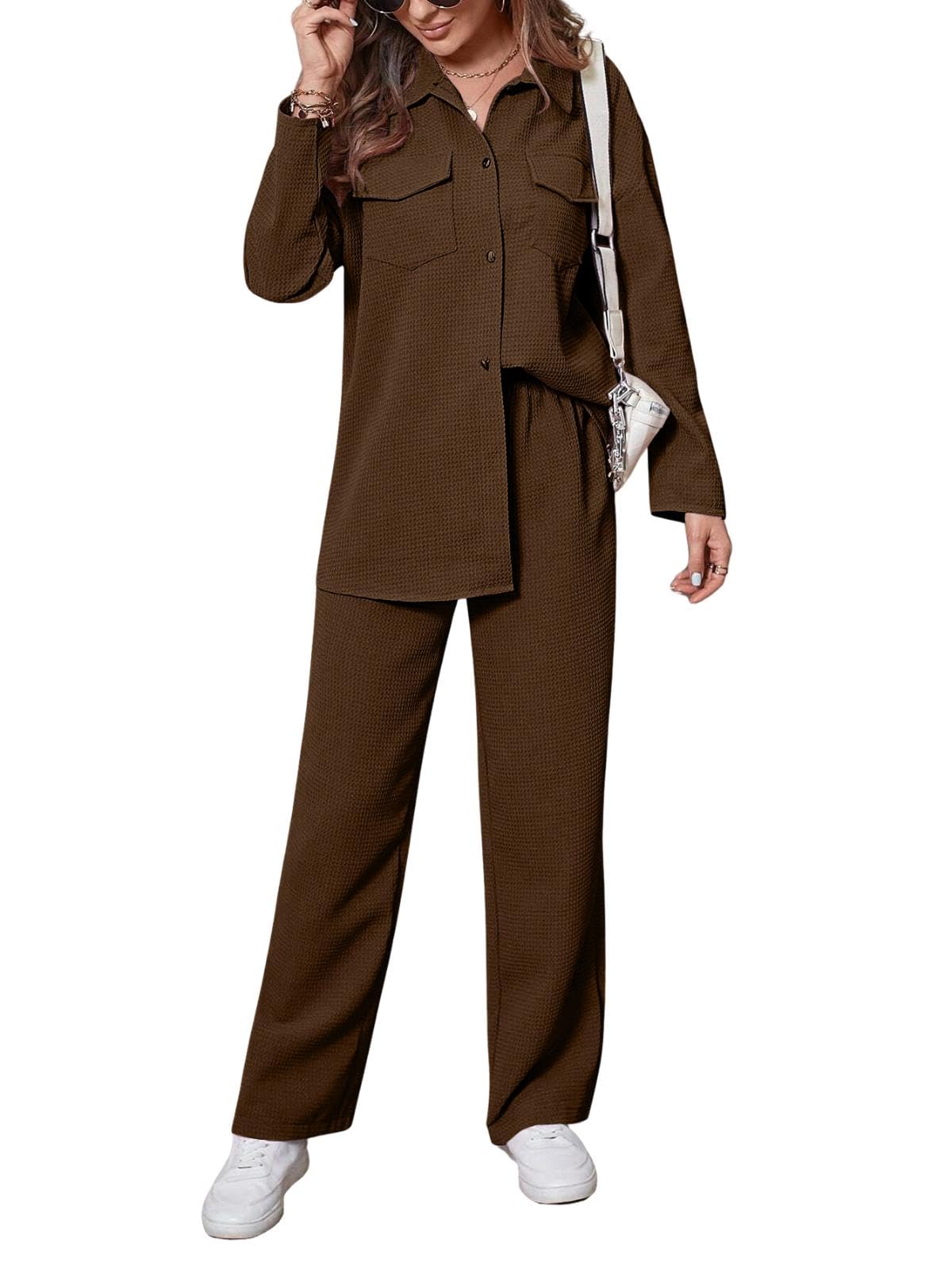 GRECIILOOKS Dark Brown Textured Lycra Co-Ord Set for Women