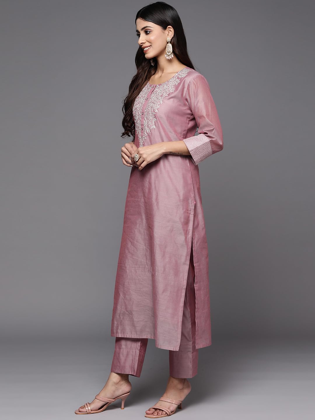 Varanga Women's Pink Zari Embroidered A-Line Kurta - Image 2