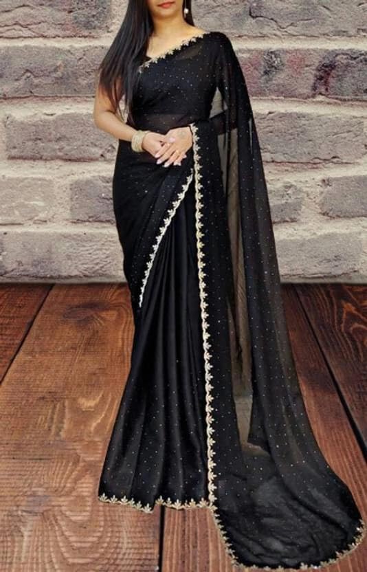 GarbGlide Women's Chiffon Embellished Saree - Black - Image 4