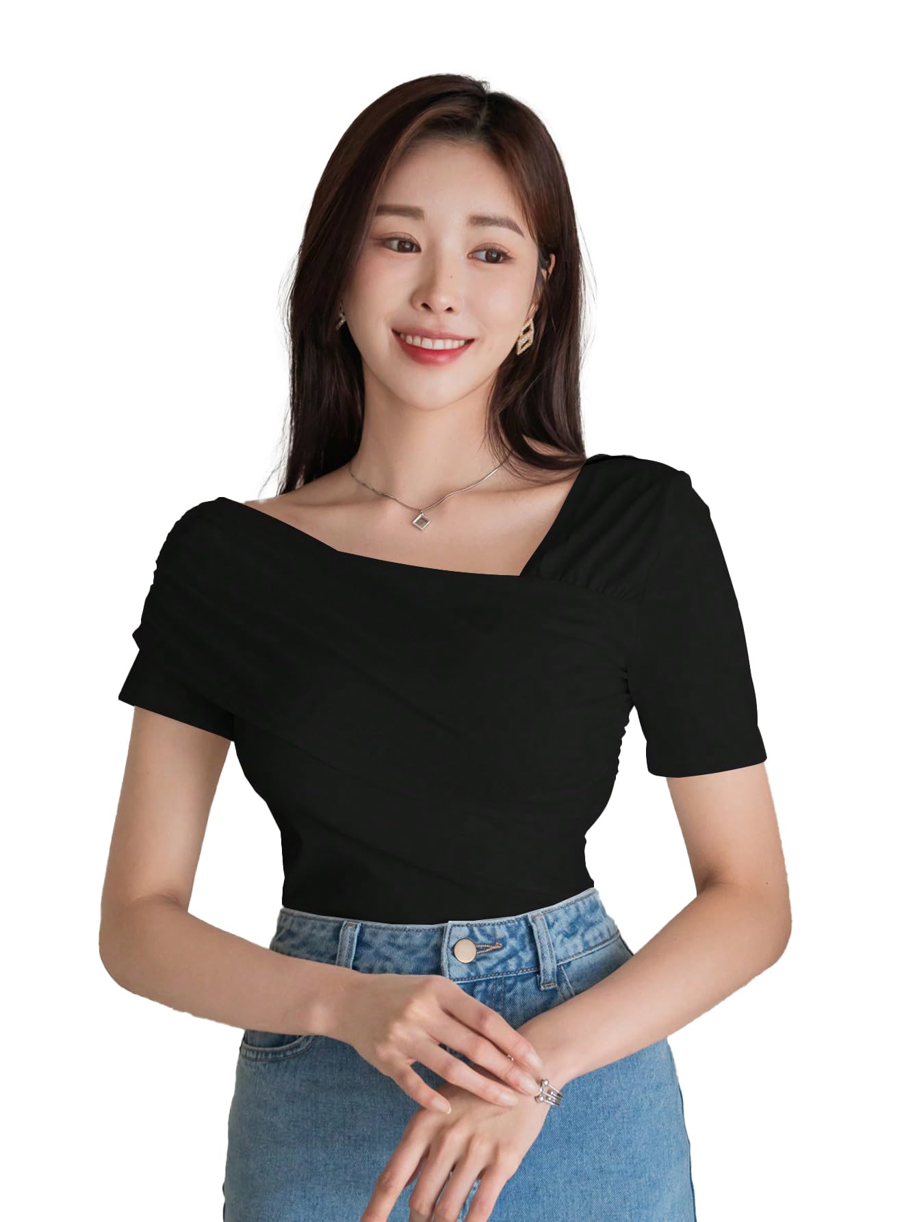 Istyle Women Black Asymmetrical Ruched T-Shirt