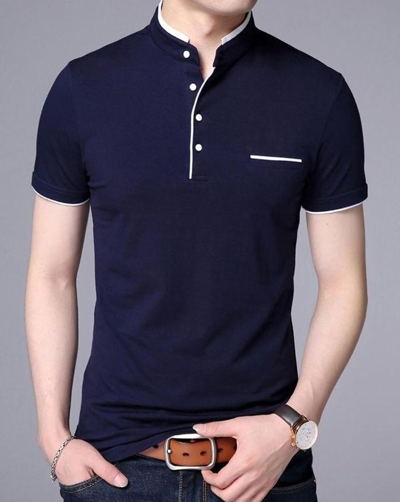 AUSK Men's Henley T-Shirt - Navy Blue - Image 4