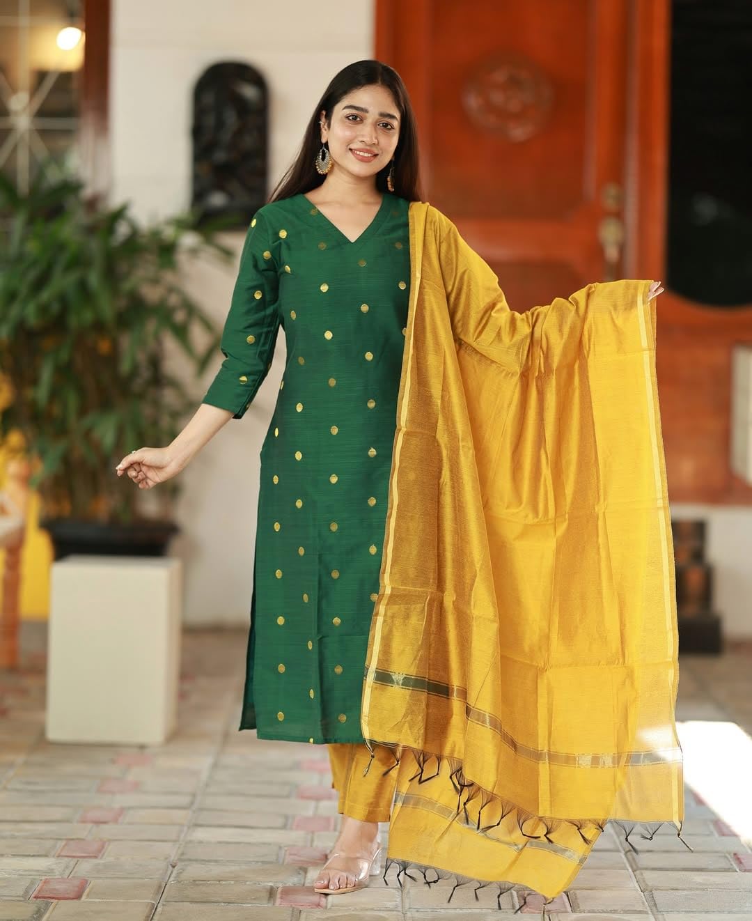 GoSriKi Women's Kurta with Pant & Dupatta - Green - Image 3