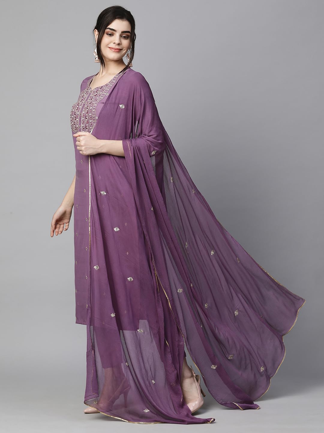 GoSriKi Kasturi Purple Embroidered Cotton Kurta Set for Women - Image 4