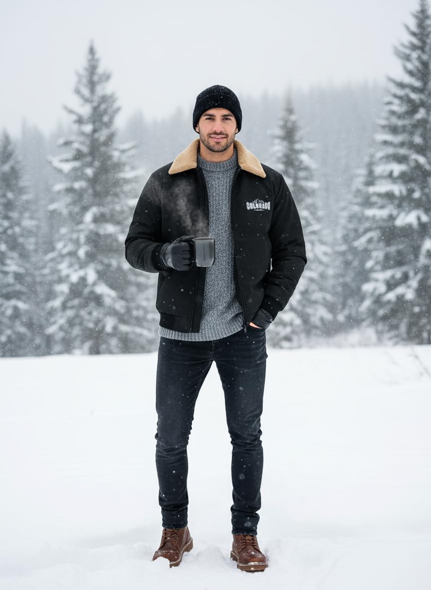 GLASGO Men's Sherpa Lined Bomber Jacket - Black - Image 5