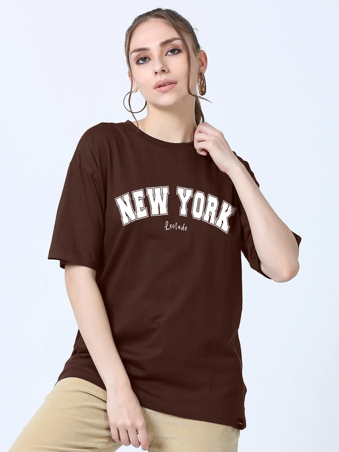 LEOTUDE Womens Half Sleeve Oversized T-Shirt - Brown - Image 3