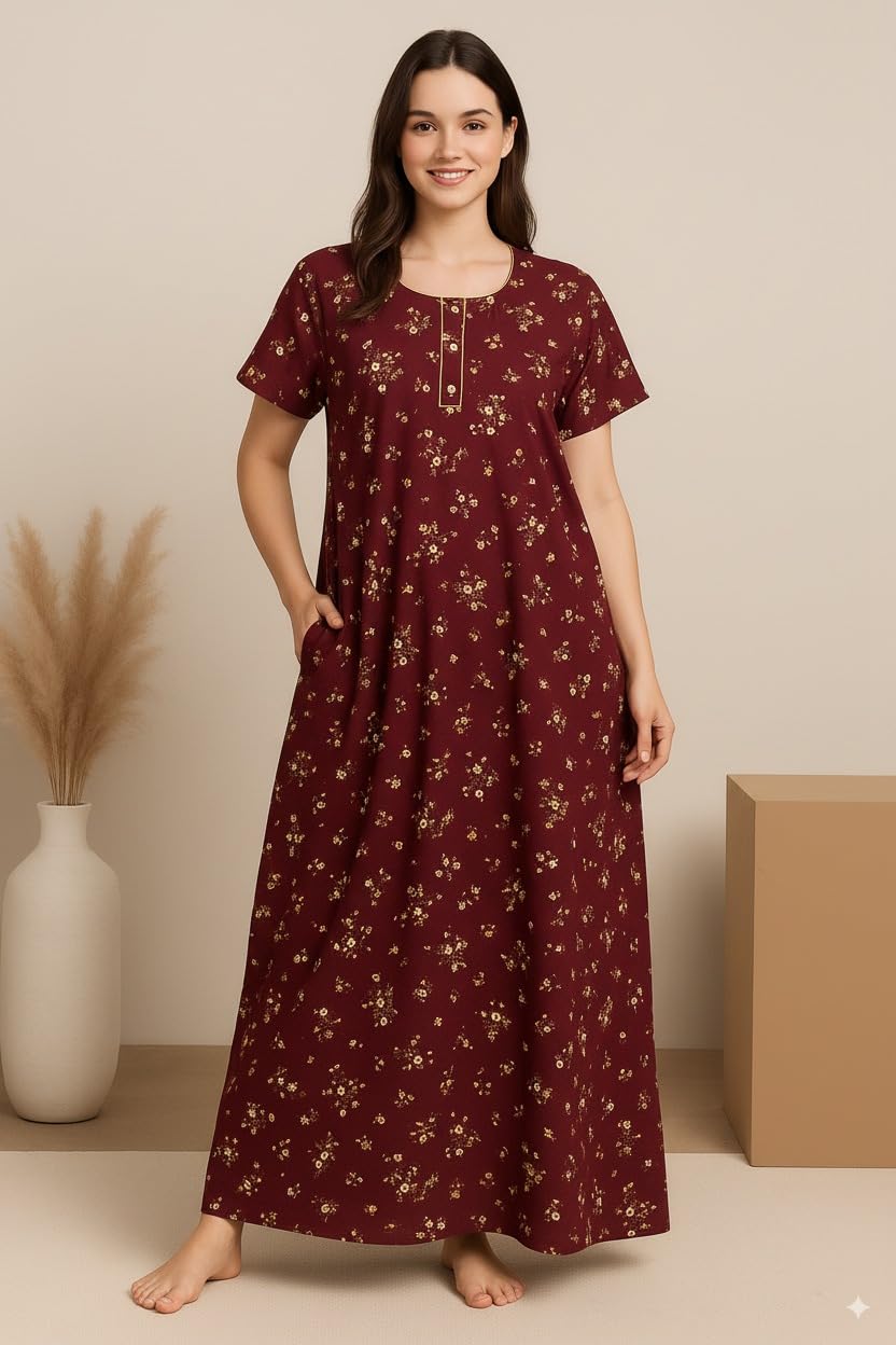 Bahumaan Women's Cotton Nighty Maxi Dress - Magenta Brown & Olive Green - Image 4