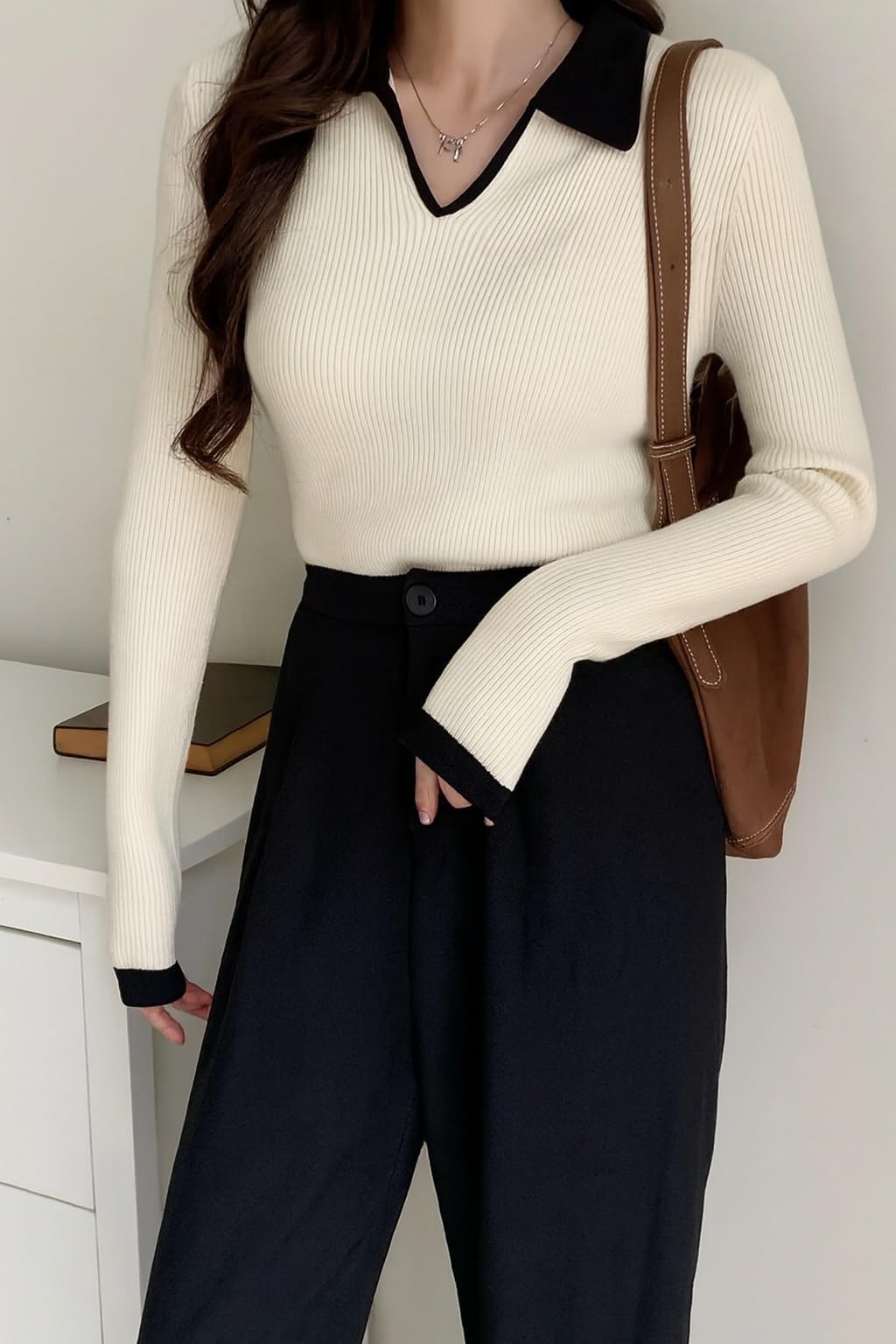 WANQUILA Beige Contrast Collar T-Shirt for Women - Image 2