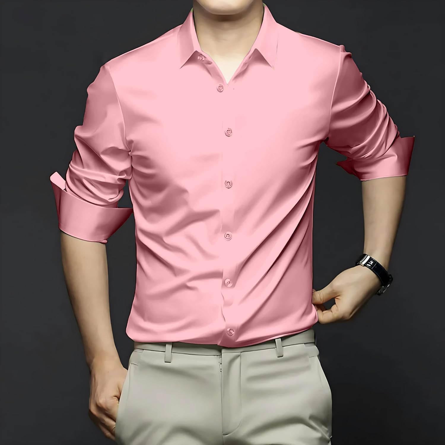 DEELMO Men Light Pink Satin Shirt - Image 2