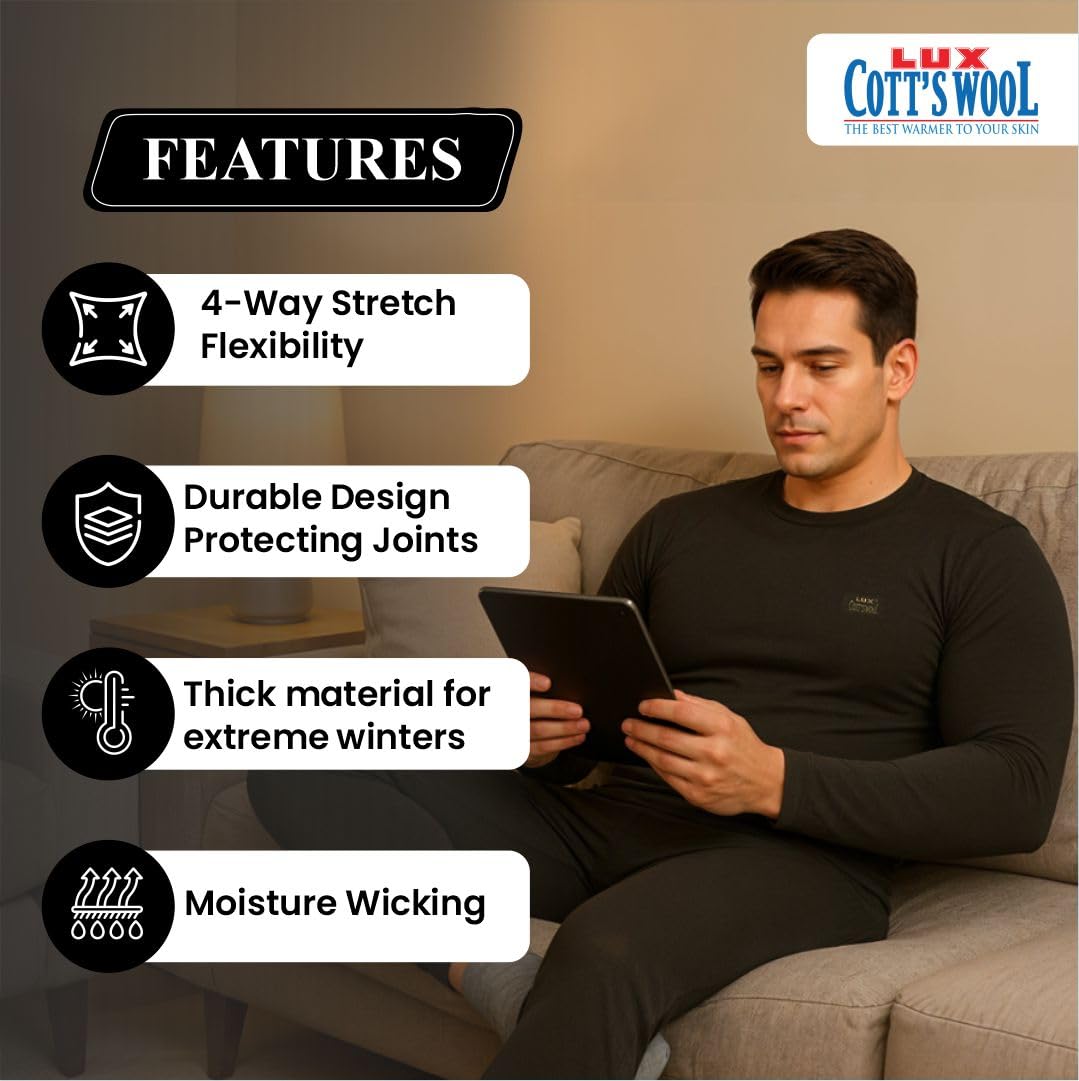 Lux Cottswool Men's Thermal Top & Bottom Set - Black - Image 3