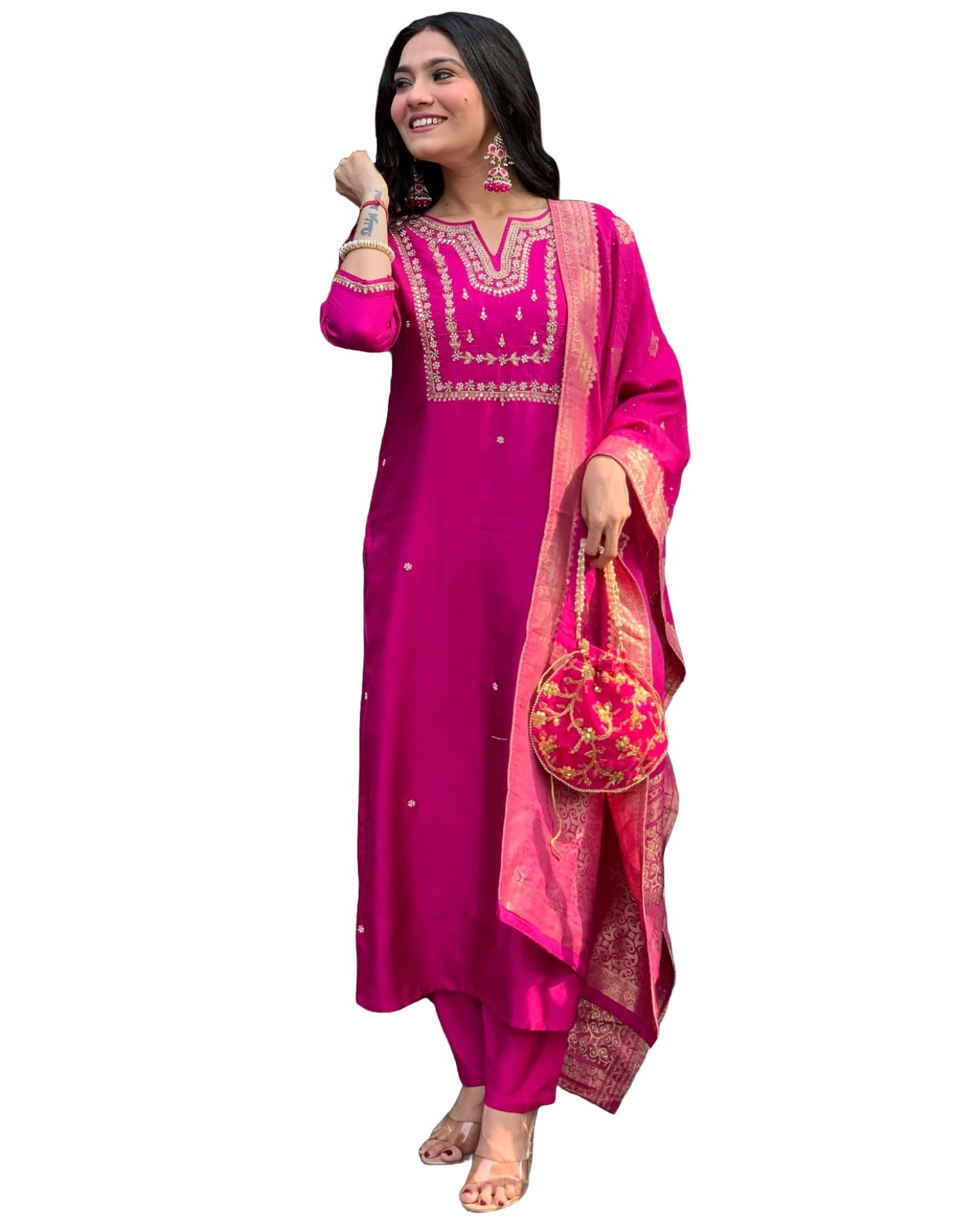 GoSriKi Pink Embroidered Silk Kurta Set for Women