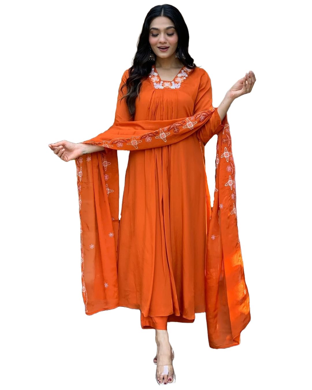 GoSriKi Women's Anarkali Kurta with Pant & Dupatta - Orange