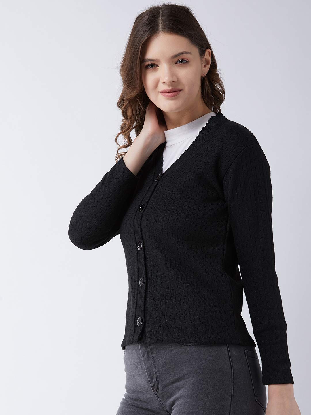 Pivl Women's Acrylic V-Neck Cardigan Sweater - Black - Image 3