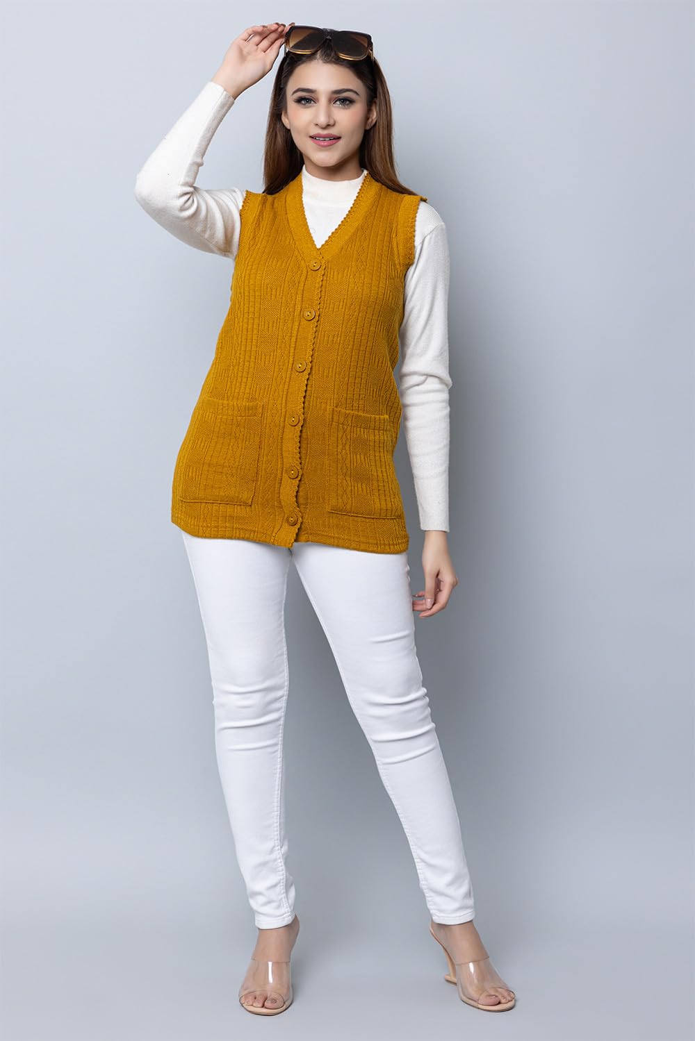 HIFZAA Women's Wool Sleeveless Sweater - Gold - Image 5