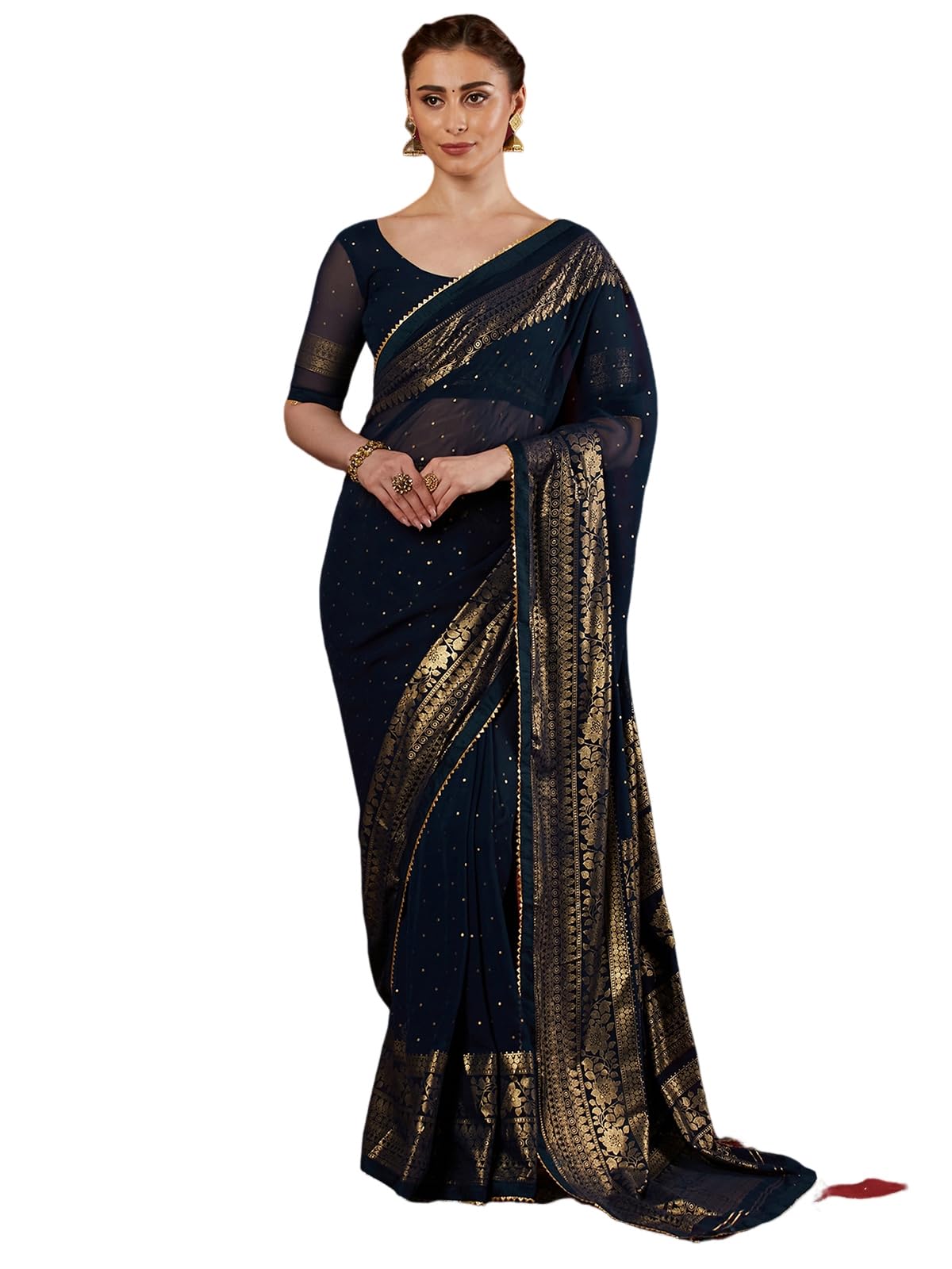SAMAH Women's Georgette Saree - Navy Blue
