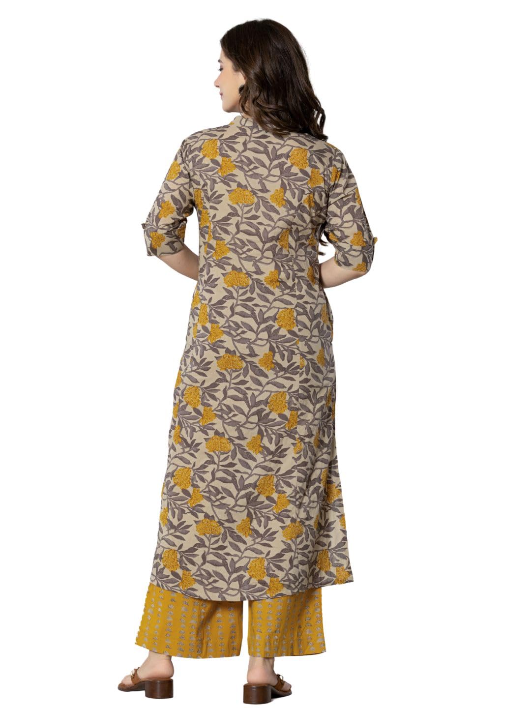 rytras Cotton Printed A-Line Kurta with Palazzo Pant for Women - Mustard - Image 2