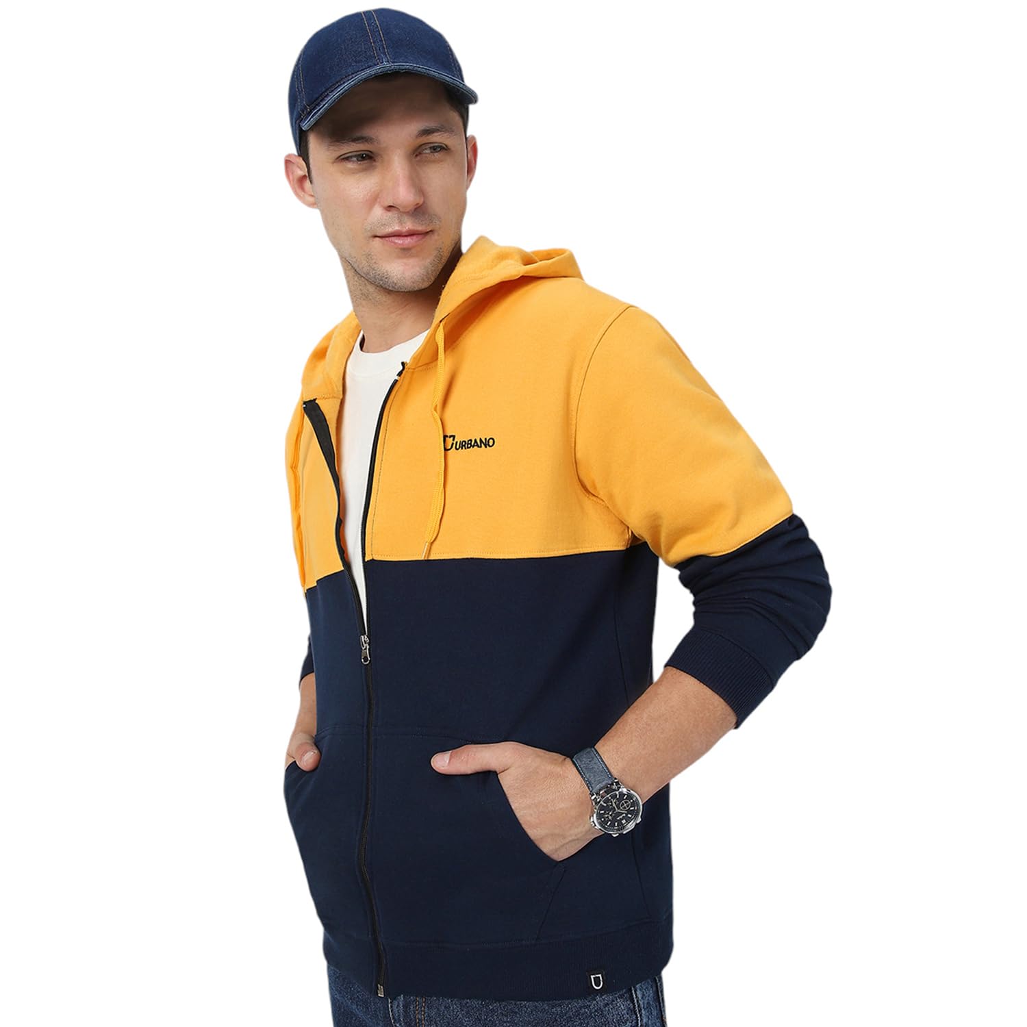 Urbano Men's Yellow Navy Color Block Cotton Hooded Sweatshirt
